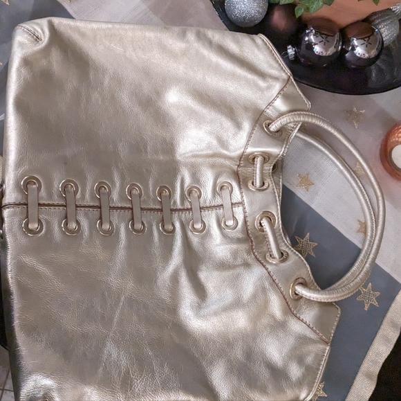 KORS Michael Kors Large Gold Metallic Leather Drawstring Laced Snap Tote 24 - Picture 9 of 11